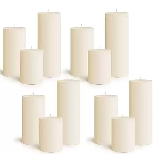 Set of 12 Poured Pillar Candle 3"x 4", 6", 8" Dripless Unscented Candles Long Clean Burning Rustic Country Style Ideal for Wedding, Home Decor, Relaxation and Other Occasions (Ivor...