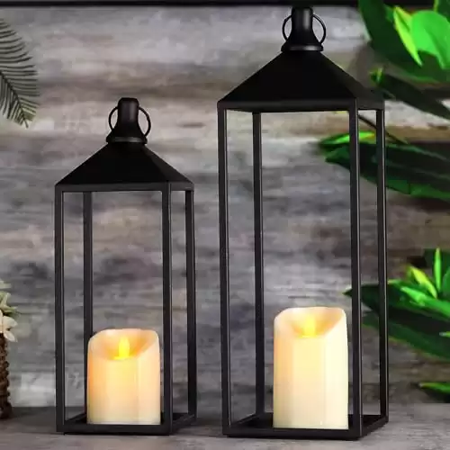 MATAHUM Lanterns Decorative Outdoor Indoor, 17" 13" Set of 2 Black Vintage Lantern with LED Pillar Candle, Modern Farmhouse Lantern Decor for Room, Halloween Lanterns Decorative for Porch, G...