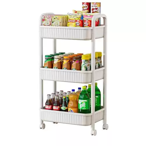 3 Tier Rolling Cart, Utility Cart with Handle and Lockable Universal Casters, Wheeled Laundry Carts, Snack Cart on Wheels, Multi-Use Storage Trolley Cart for School, Office, Living Room, Kitchen