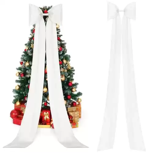 Knitgrip Extra Large Christmas Tree Topper Bow, 118x28 Inch Giant Satin Bow with Long Streamers, Huge Decorative Bows Oversized Gift Wrapping Bow for Xmas Tree Home Party Wedding Car Holiday (White)