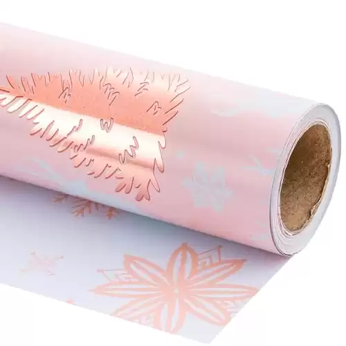 LeZakaa Reversible Christmas Wrapping Paper Roll - Reindeer & Snowflake in Pink for Christmas, Holiday, Party - 17 inches x 32.8 Feet (46.45 sq.ft.)