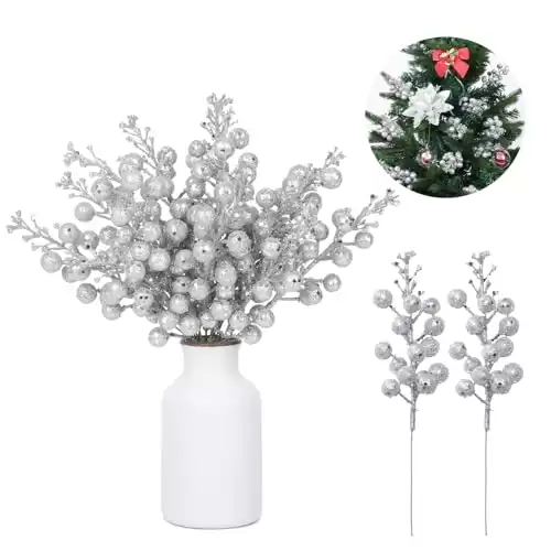 14 Pcs Silver Silvery Berry Stems - Artificial Glitter Christmas Tree Picks, Adornos para Arbol de Navidad, Elegant Silver Christmas Decor, Decoracion de Navidad 2024