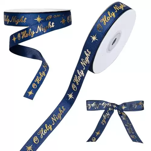 JarThenaAMCS Christmas O Holy Night Printing Grosgrain Ribbon Xmas Blue Gold Christian Ribbon for Wreath Bow Craft Gift Wrap Holiday Party Decor, 20 Yards