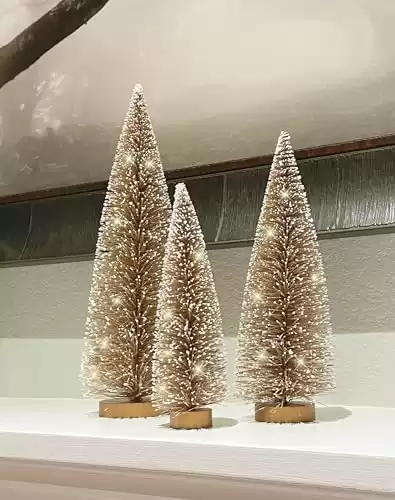 Christmas Bottle Brush Trees Set of 3 in Sparkling Gold with Snowy White Tips, 15 Inches,12 Inches and 9 Inches High on Wood Bases