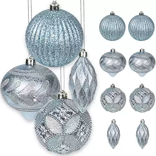 Hollyone Silver Blue Christmas Balls Ornaments Set, 8Pcs Large Shatterproof Teal Blue Christmas Ornaments Decoration 3.94