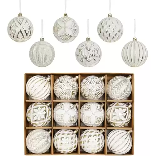 XmasExp Vintage Rustic Christmas Ball Ornaments Sets Farmhouse Distressed Christmas Tree Decorations Shatterproof Antique Traditional Style Xmas Hanging Ornaments White Gold, 12Pcs