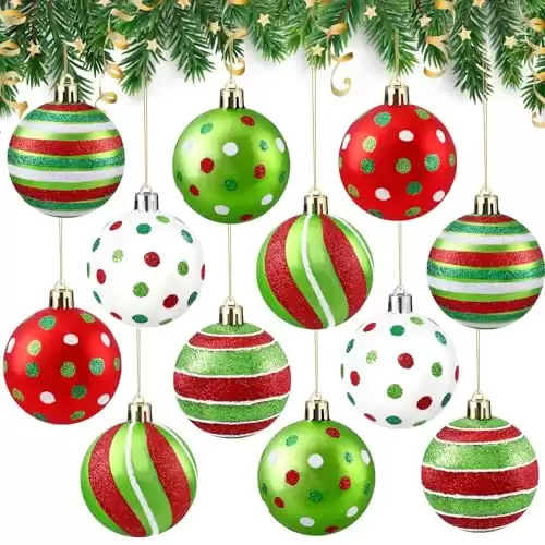 DIYDEC 12pcs Christmas Balls Ornament 3.15Inch Polka Dot Hanging Xmas Balls for Tree Decoration Glittering Red Green and White Plastic Christmas Baubles for Home Indoor Holiday Party Decor