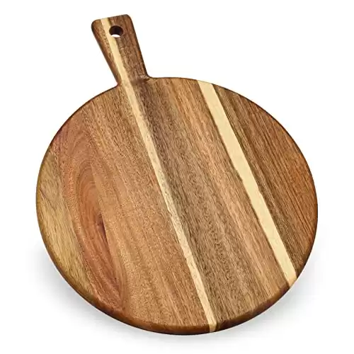 Acacia Wood Round Cutting Board and Chopping Board with Handle for Meat, Cheese Board, Vegetables, Bread, and Charcuterie - Decorative Wooden Serving Board for Kitchen and Dining Room, Large 17" ...