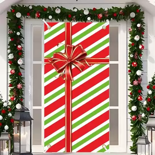 Christmas Door Cover Xmas Gift Box Door Hanging Banner Merry Christmas Front Door Cover Backdrop Decorations for Holiday Indoor Outside Party Supplies, 70.9 x 35.4 Inch(Red Green Stripes)