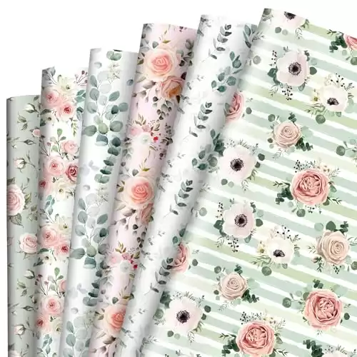 Whaline 12 Sheet Floral Wrapping Paper Watercolor Pink Green Flower Gift Wrap Paper Folded Flat Spring Art Paper for DIY Craft Party Decor Wrapping Supplies