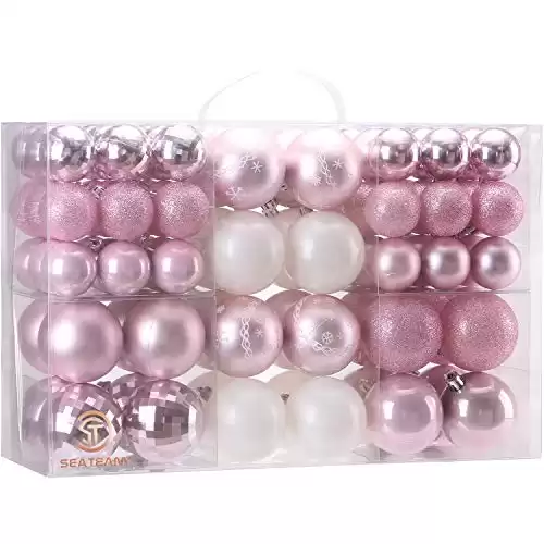 Sea Team 86-Pack Shatterproof Pink Christmas Ball Ornaments Set, Assorted Multi-Sized Hanging Baubles, Xmas Tree Decorations, Seasonal Décor for Holiday Wreath Garland, Hooks Included