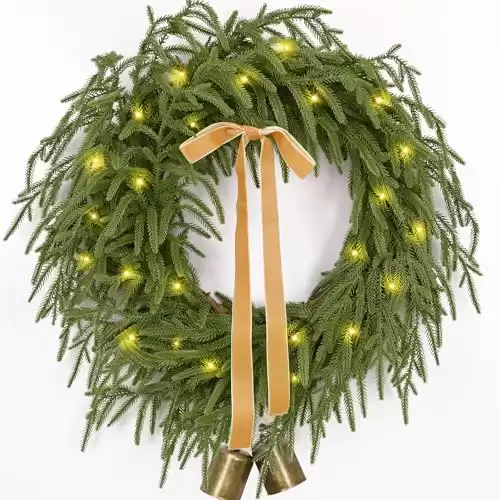 Christmas Wreath -24 Inch Real Touch Norfolk Pine Wreath for Front Door, Christmas Wreath with Lights, Greenery Wreath with Ribbon Bell for Home Table Wall Window Indoor Outdoor Christmas Decoration