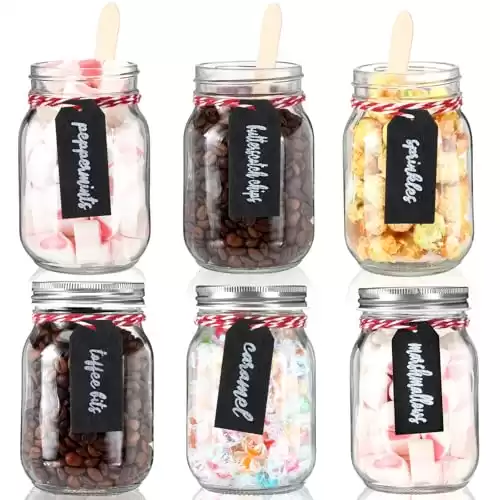 Sunnychicc 6 Sets Christmas Hot Cocoa Bar Supplies 17 oz DIY Hot Cocoa Glass Jars with Lid Wooden Spoons Chalkboard Tags Red White String Hot Cocoa Bar Canister for Hot Chocolate Party Favors Supplies