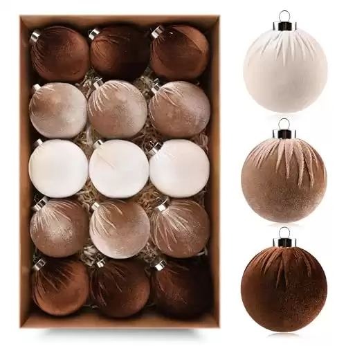 Brown Velvet Christmas Tree Ornaments - 15pcs Shatterproof Christmas Balls for Xmas Trees Decorations - Multicolor Brown Neutral Beige, 80mm 3.15inch