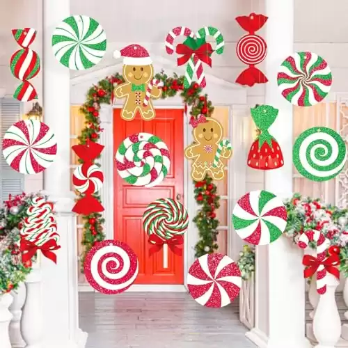 GuassLee Candy Gingerbread Christmas Outdoor Decorations - 18pcs Large Hanging Candy Cane Gingerbread Man Lollipop Christmas Decor for Outdoor Yard Porch Christmas Tree Decorations