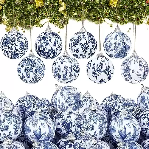 Liliful 24 Pieces White and Blue Christmas Chinoiserie Ornaments Ball Fabric Wrapped Hanging Christmas Ball Decorative Tree Ornaments for Christmas Party Supplies(2.36 Inch, 24 Pcs)