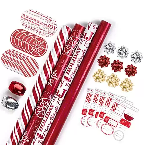 WRAPAHOLIC Jumbo Wrapping Paper Set - Red and White Metallic Foil Shine Christmas Wrapping Paper Bundle with Gift Bow & Ribbon & Tag & Sticker, Perfect for Birthday, Holiday, Party, Baby S...