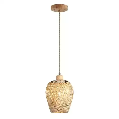 Hchunqjor Bamboo Pendant Light Fixture One-Light Adjustable Boho Basket Handmade Woven Mini Pendant Lighting for Kitchen Island Sink Farmhouse Home