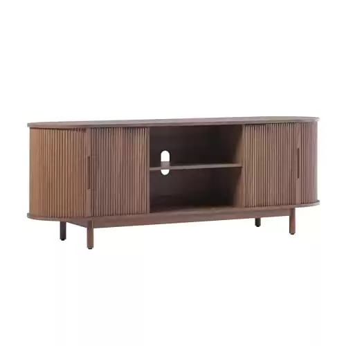 Walker Edison Modern Curved Reeded TV Stand for TVs up to 65 Inches, Credenza with Sliding Doors and Adjustable Shelves, TV Stand with Cord Management Cutout, 60 Inch, Mocha