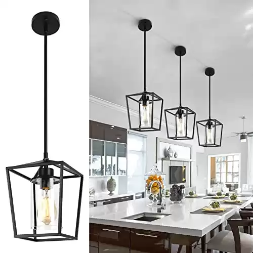 GZJunYo 1-Light Black Pendant Light Fixture Farmhouse Iron Cage Metal Pendant Light Lantern Hanging Light Fixtures with Clear Glass Shade for Kitchen Island, Entryway, Dining Room, Hallway