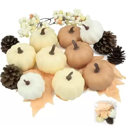 Artgar Foam Pumpkin Decor - 16 PCS Artificial Pumpkin Set - Fall Decor with Mini Pumpkins, Pinecones Maple Leaves Berries for Halloween Thanksgiving Fall Decor, DIY Crafts Tabletop Tray Decorations