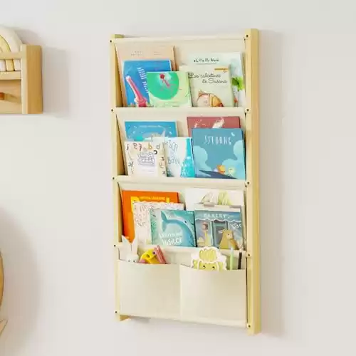 Wood 4-Tier Wall Mounted Kids Bookshelf Floating Book Shelf For Kids Rooms,Nursery & Classroom, Hanging Bookcase Organizer For Books, Nursery Shelves, Toddler Book Shelf, Montessori Bookshelf