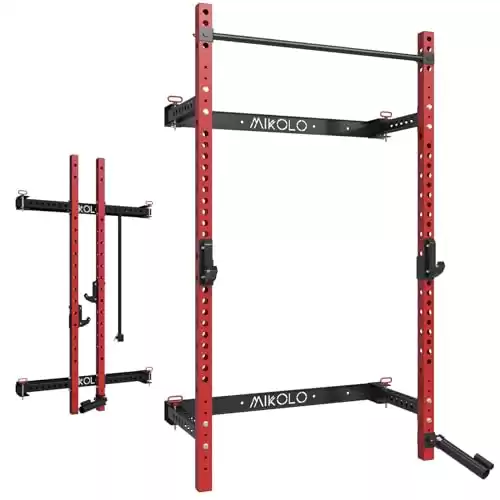 Mikolo 2.36" x 2.36" Folding Wall Mounted Squat Rack, 1000 Pounds Capacity Power Rack with Pull Up Bar, J Hooks, Landmine and Other Attachments, Space-Saving Home Gym(Red