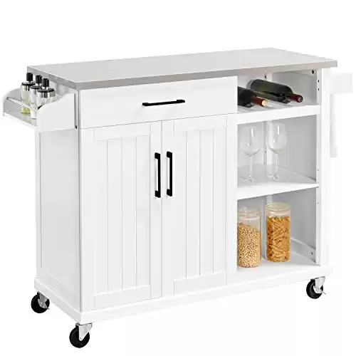 Yaheetech Kitchen Island Cart with Stainless Steel Top, Rolling Storage Cabinet on Wheels with Drawer & Wine Rack & Spice Rack, Sideboard Buffet with Towel Bar, White