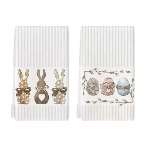 Artoid Mode Stripe Rabbit Bunny Eggs Easter Kitchen Towels Dish Towels, 18x26 Inch Spring Decoration Hand Towels Set of 2