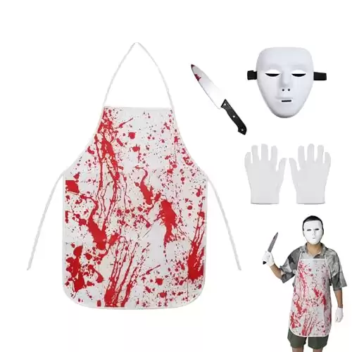 Funnlot Halloween Costumes DIY White Scary Halloween Mask with Fake Bbloody Knife and Bloody Butcher Costumes Scary Set Halloween Party Decorations