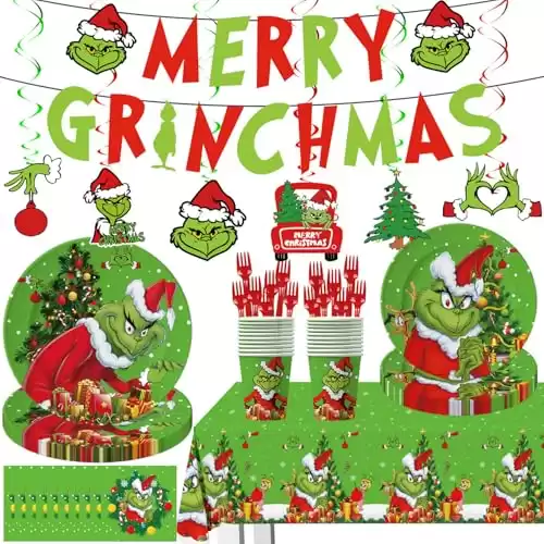 108Pcs Merry Christmas Party Decorations Tableware Green Christmas Party Supplies Include Banner,Plates of Two Sizes,Napkins,Cups,Forks,Hanging Swirl with 6 Patterns and Waterproof Tablecloth