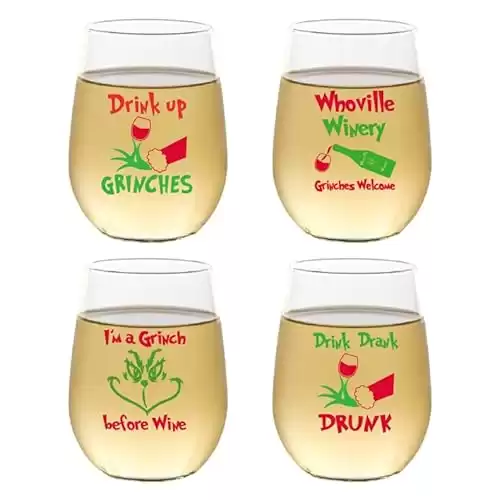 Set of 4 Shatterproof Stemless CUSTOM 16 oz Plastic Wine Glasses MADE in the USA (DRINK UP GRINCHES)