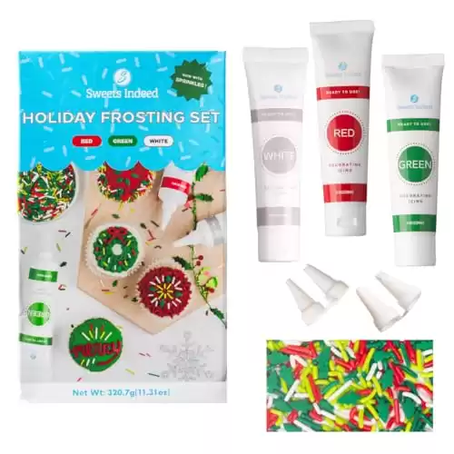 Sweets Indeed, Christmas Frosting Kit plus Sprinkles, 3 Frosting Tubes, 2.5 ounces Sprinkes, 4 nozzles, 11.31 ounces, Perfect for baking and cookie decoarting (Christmas)