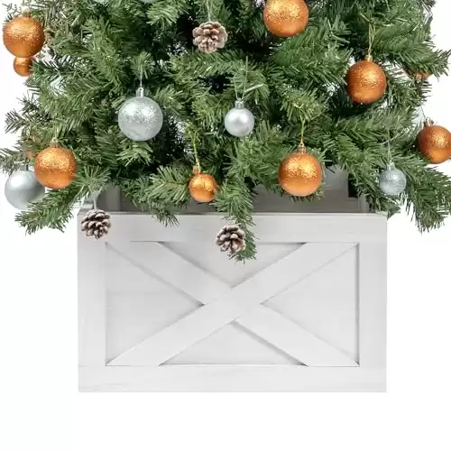 Kriitools Wooden Christmas Tree Collar Box,22In Rustic Christmas Tree Skirt,Vintage Weathered Wood Christmas Tree Decor,4-Piece Christmas Tree Base Cover,Fit Below 20.5" Stands,White