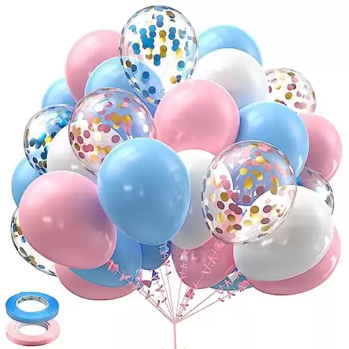 Pink Blue White Balloons,60 Pcs 12 inch Pink Blue and White Pastel Gold Blue Confetti Latex Balloons with 2rolls 33ft Ribbon For Birthday Baby Shower Gender Reveal Party Supplies and Decorations