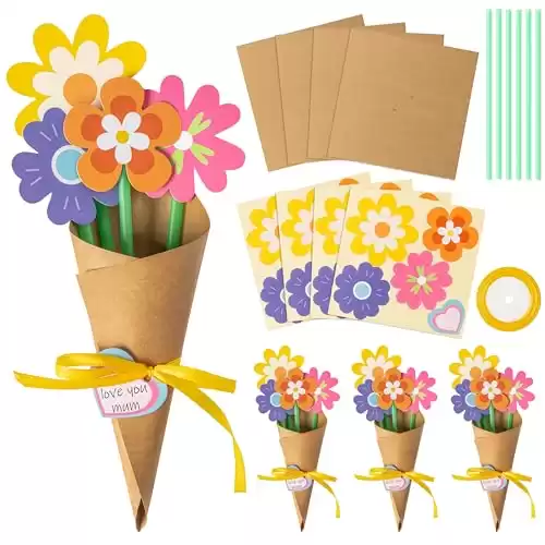 BeYumi Flower Bouquet Craft Kit - 24Pcs Teacher Appreciation Week Flower Bouquet Craft for Kids Make Your Own Flower Bouquet Mother's Day DIY Thankful Gift Craft School Classroom Home Fun Activit...