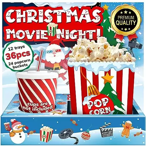 Movie Night Christmas Party Supplies (36ps) - Christmas Movie Night Snack Trays 12pcs & Christmas Popcorn Bags 24pcs - Small Christmas Decorations Indoor Home Decor & Holiday Christmas Party F...