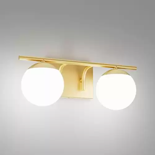 Ralbay Gold Bathroom Vanity Light 2-Light Mid Century Modern Bathroom Vanity Light Fixtures Gold Milky Glass Globe Bathroom Wall Light