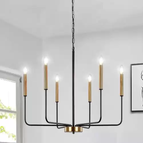 ETONIMERR Modern Farmhouse Chandelier Light Fixture Ceiling Hanging, 6-Light Black and Gold Industrial Chandelier for Dining Room, Rustic Candle Pendant Light for Kitchen Island, Living Room