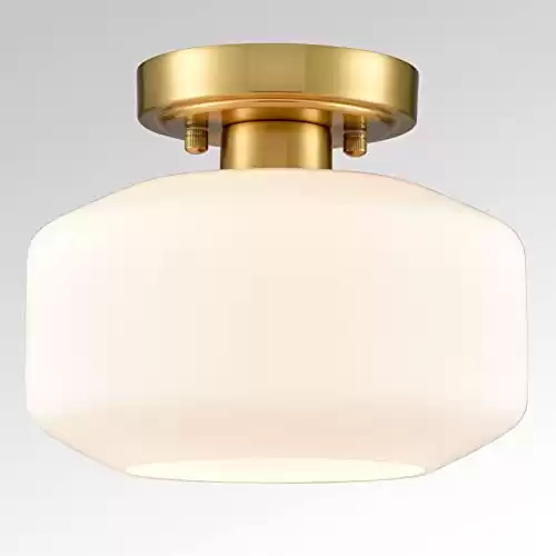 JEENKAE Modern Farmhouse Semi Flush Mount Ceiling Light Gold Hallway Light Fixture Ceiling Hung Opal Milk Glass Shade