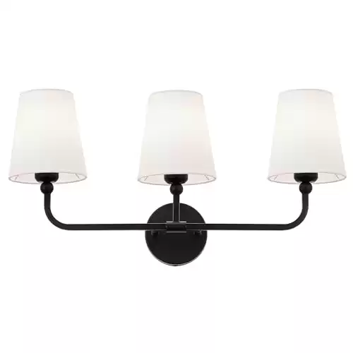 METWET Bathroom Light Fixtures, Matte Black Vanity Lights with Flared White Fabric Shade, 3 Light Wall Sconce, Modern Sconces Wall Lighting for Hallway Bedroom, VL837-MB-3