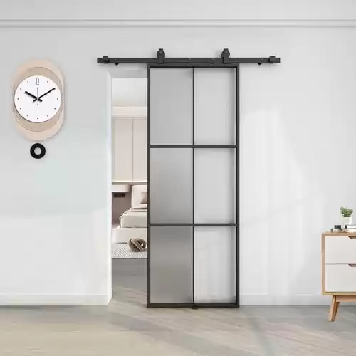 BARNSMITH 36in x 96in Aluminum Glass Barn Door with 6FT Hardware Included, Frosted Tempered Glass Door,6 Lattice, Lightweight Sliding Door, Easy Assembly