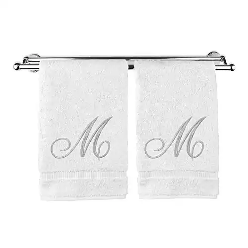 Monogrammed Hand Towel, Personalized Gift, 16 x 30 Inches - Set of 2 - Silver Embroidered Towel - Extra Absorbent 100% Turkish Cotton- Soft Terry Finish - For Bathroom, Kitchen and Spa- Script M White