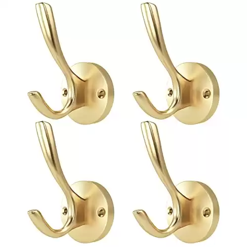 ZUONAI Gold Hooks 4 Pack Brushed Gold Wall Hooks Heavy Duty Metal Coat Hooks for Hanging Coats and Hat Hooks Wall Mounted Towel Hooks for Bathrooms Clothing Hooks for Bedroom Double Hooks