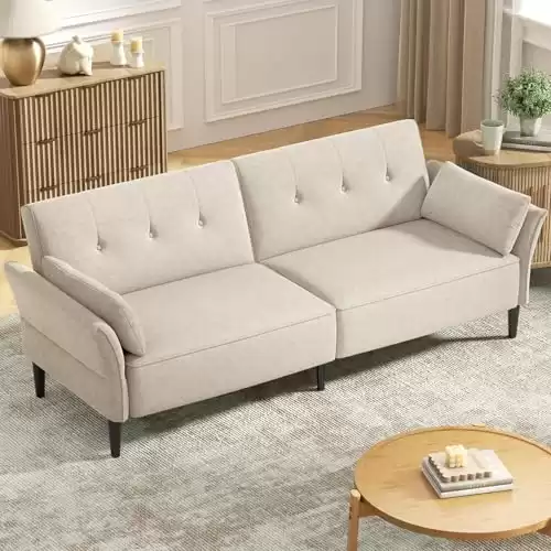 COPIAE 89 Futon Sofa Bed, Velvet Fabric Comfy Futon Couch Bed with 2 Square Pillows, Convertible Sleeper Sofa with Adjustable Backrest& Armrests, Modern Loveseat Sleeper for Living Room, Beige