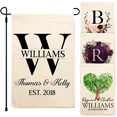 Personalized Garden Flag - Small Vertical Double Sided 12.5" X 18" Porch Flags - Customize Yard House Flag - Elegant Black Family Name, Initial, Couple Names and Date