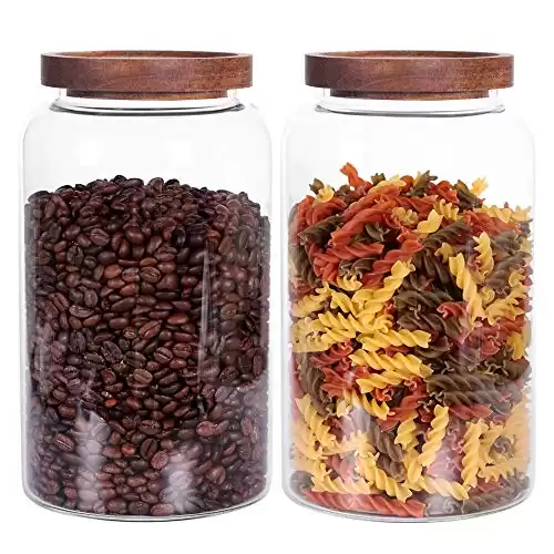 Large Glass Jar with Airtight Lid Set of 2 93 FL OZ(2750ml) glass canister set, Glass Food Containers Wooden Lid Suit for Kitchen Pantry for Flour, Tea, Coffee Beans, Sugar, Cookies(8.8 inch high)