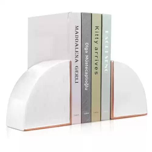 Marble Pattern Style White with Rose Gold Ceramic Bookends, Decorative Ceramic Book Ends for Shelves, Marble Pattern Style Ceramic Bookshelf Decor, Decorative White Ceramic Book Stoppers, Set of 2