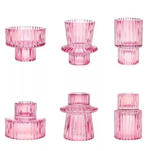 Toptime Candlestick Holders Set of 6, Ribbed Glass Taper Candle Holders, Reversible Pink Tealight & Candle Stick Candle Holder Vintage Crystal Tapered Candlestick for Wedding Dinner Party Festival