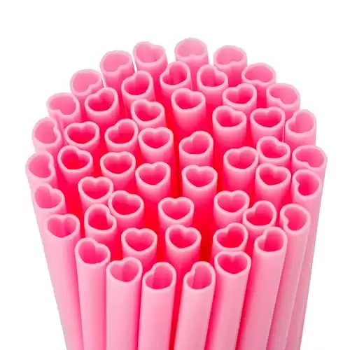 Snowfall 50 pcs Pink Heart Shaped Disposable Straws- Plastic Drinking Cute Straw for Valentines Day Cocktail Birthday Party Bridal Shower Wedding Supplies, Individually Wrapped, Pink